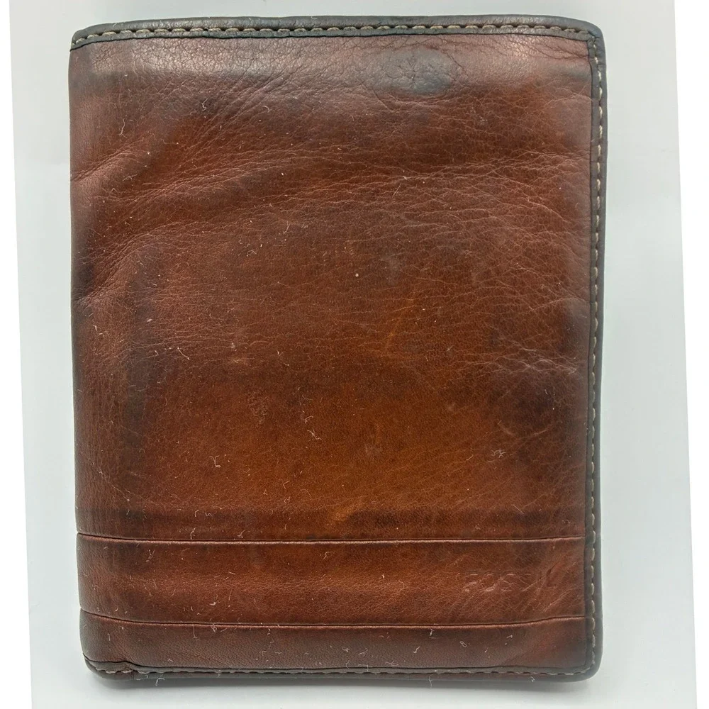 Fossil Passport Wallet OS Brown Leather Bifold Travel Organizer Zipper Pocket